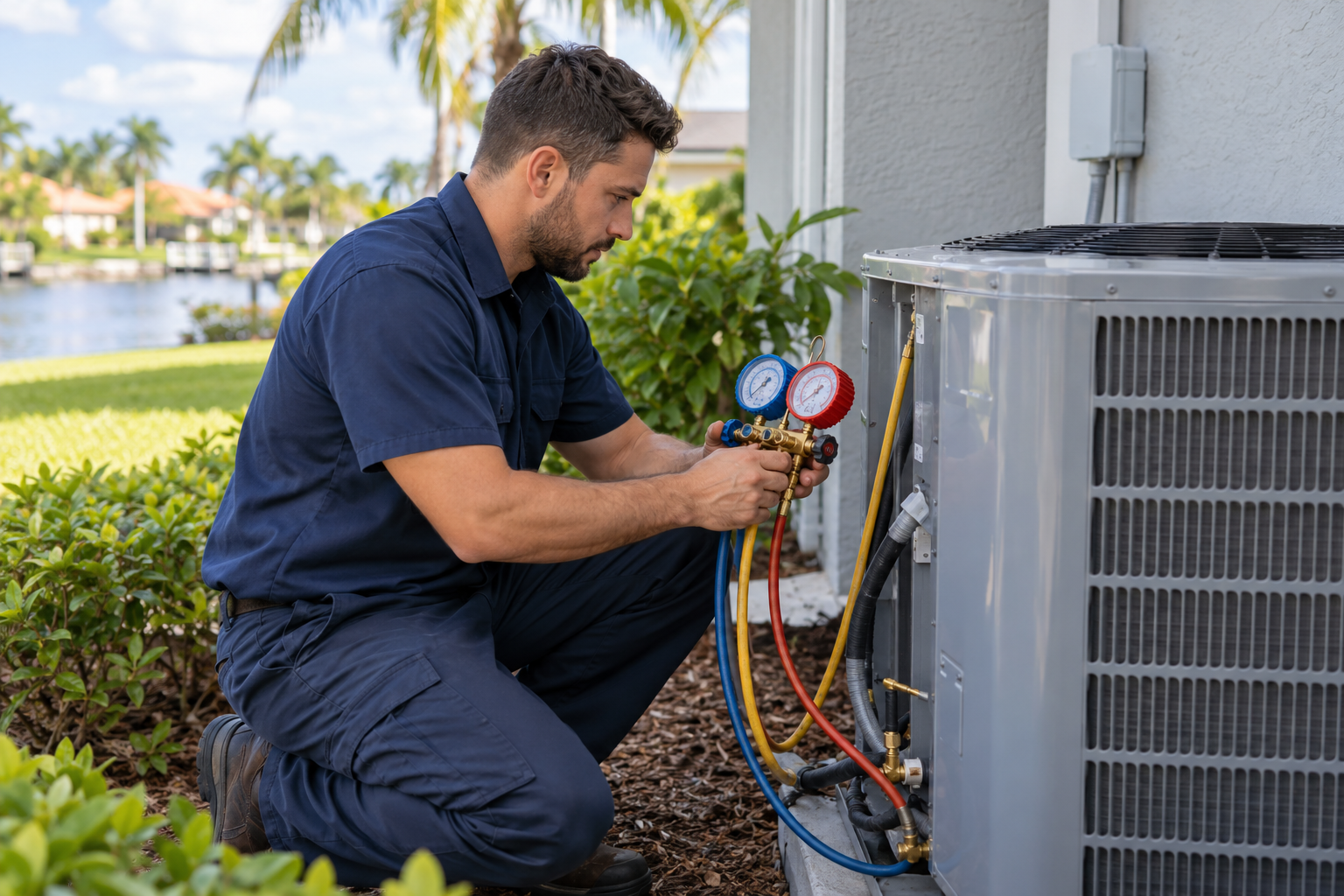 HVAC technician servicing an outdoor air conditioning unit